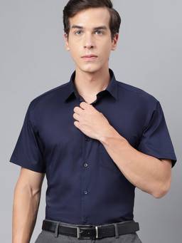 Hancock - Men Navy Blue Solid Pure Cotton Slim Fit Formal Shirt