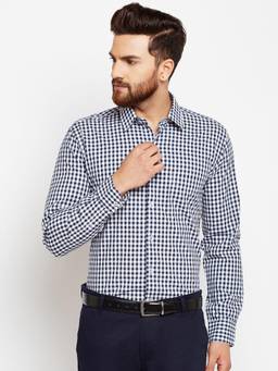 Hancock - Men Navy Blue Checks Slim Fit Pure Cotton Formal Shirt