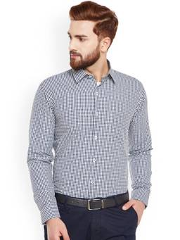 Hancock - Men Navy Blue Checks Slim Fit Pure Cotton Formal Shirt
