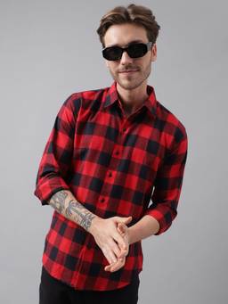 Hancock - Men Red and Black Buffalo Checked Pure Cotton Slim Fit Casual Shirt