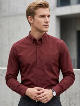 Hancock - Men Maroon Solid Pure Cotton Slim Fit Formal Shirt