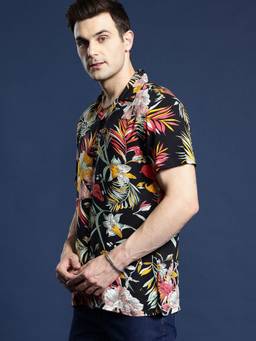Hancock - Men Black and Yellow Printed Viscose Rayon Regular Fit Casual Resort Shirt