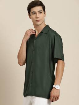 Hancock - Men Green Solid Viscose Rayon Relaxed Fit Casual Resort Shirt