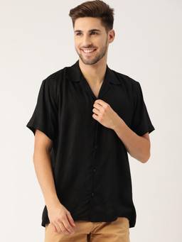 Hancock - Men Black Solid Viscose Rayon Relaxed Fit Casual Resort Shirt