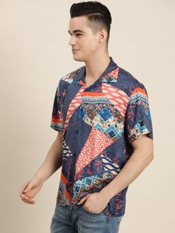 Hancock - Men Blue and Coral Print Viscose Rayon Relaxed Fit Casual Resort Shirt
