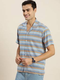 Hancock - Men Blue and Orange Print Viscose Rayon Relaxed Fit Casual Resort Shirt