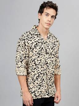 Hancock - Men Beige and Black Floral Printed Viscose Rayon Relaxed Fit Casual Resort Shirt