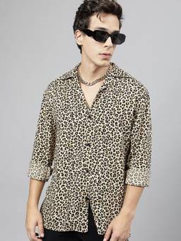Hancock - Men Beige and Black Leopard Printed Viscose Rayon Relaxed Fit Casual Resort Shirt