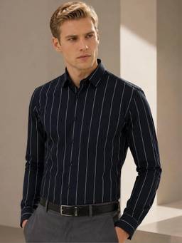 Hancock - Men Navy Blue Striped Pure Cotton Relaxed Fit Formal Shirt