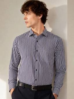 Hancock - Men White-Navy Striped Pure Cotton Slim Fit Formal Shirt