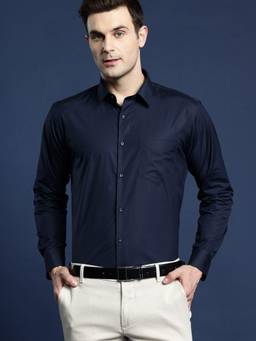 Hancock - Men Navy Blue Cotton Solid Slim Fit Formal Shirt