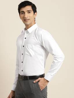 Hancock - Men White Solid Black Buttons Pure Cotton Slim Fit Formal Shirt