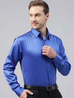 Hancock - Men Royal Blue Solid Satin Slim Fit Tuxedo Party Shirt