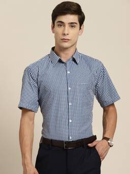 Hancock - Men Navy Blue and White Gingham Check Short Sleeve Slim Fit Formal Shirt