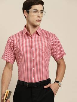 Hancock - Men Red and White Gingham Check Short Sleeve Slim Fit Formal Shirt