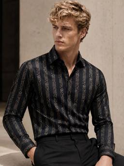 Hancock - Men Black Floral Striped Printed Cotton Satin Slim Fit Party Shirt