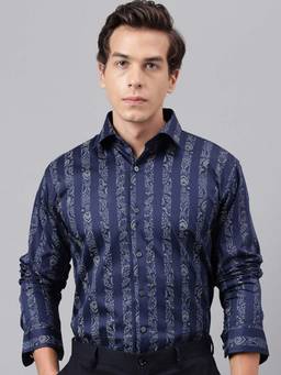 Hancock - Men Navy Blue Floral Striped Printed Cotton Satin Slim Fit Party Shirt