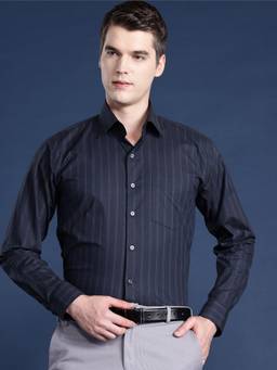 Hancock - Men Navy Blue Striped Pure Cotton Slim Fit Formal Shirt