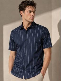 Hancock - Men Navy Blue Striped Pure Cotton Slim Fit Short Sleeve Formal Shirt