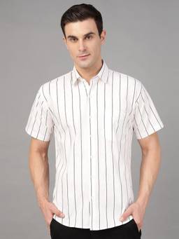 Hancock - Men White Striped Cotton Slim Fit Short Sleeve Formal Shirt