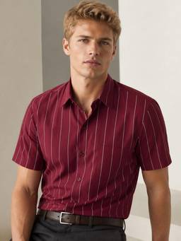 Hancock - Men Maroon Striped Pure Cotton Slim Fit Short Sleeve Formal Shirt