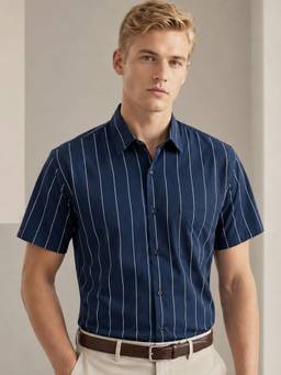 Hancock - Men Navy Blue Striped Pure Cotton Slim Fit Short Sleeve Formal Shirt