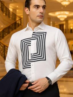 Hancock - Men White Graphical Printed Wrinkle Free Cotton Satin Slim Fit Party Shirt