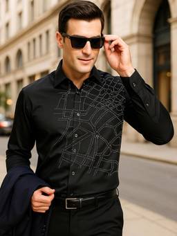 Hancock - Men Black Print Wrinkle Free Pure Cotton Satin Slim Fit Party Shirt