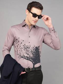 Hancock - Men Mauve Print Wrinkle Free Pure Cotton Satin Slim Fit Party Shirt