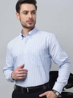 Hancock - Men Sky Blue Stripe Button-Down Collar Slim Fit Formal Shirt