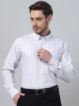 Hancock - Men White Stripe Button-Down Collar Slim Fit Formal Shirt