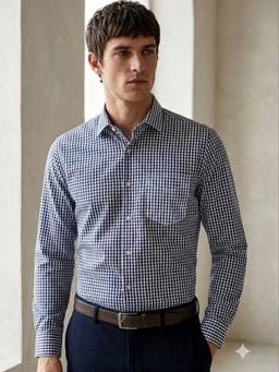 Hancock - Men Navy Blue and White Gingham Checked Slim Fit Formal Shirt