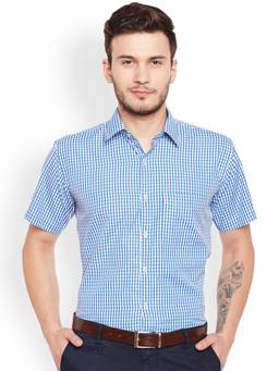Hancock - Men Blue and White Gingham Checked Slim Fit Short Sleeve Formal Shirt
