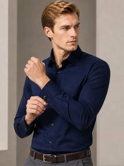 Hancock - Men Navy Blue Solid Slim Fit Pure Cotton French Cuffs Formal Shirt