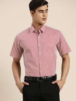 Hancock - Men Red and White Stripes Pure Cotton Slim Fit Formal Shirt