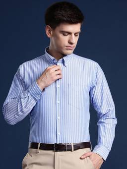 Hancock - Men Blue Striped Cotton Polyester Slim Fit Formal Shirt