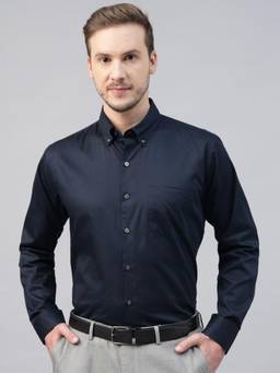 Hancock - Men Navy Blue Solid Pure Cotton Slim Fit Button Down Collar Formal Shirt