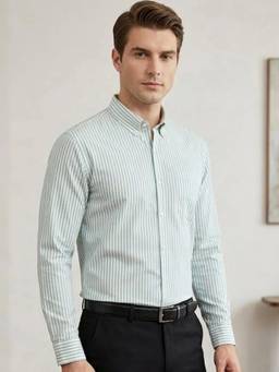 Hancock - Men White and Green Striped Pure Cotton Slim Fit Formal Shirt