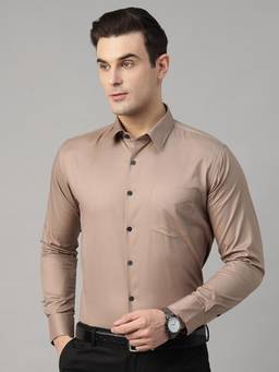 Hancock - Men Camel Brown Solid Pure Cotton Slim Fit Formal Shirt
