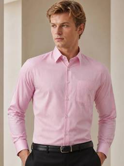 Hancock - Men White and Pink Stripe Polyester Slim Fit Formal Shirt