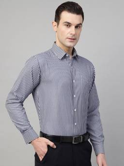 Hancock - Men Navy Blue and White Stripe Cotton Slim Fit Formal Shirt