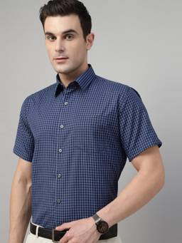 Hancock - Men Navy Blue Check Cotton Slim Fit Formal Shirt