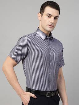 Hancock - Men Navy Blue and White Stripe Cotton Slim Fit Formal Shirt