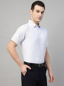 Hancock - Men White and Navy Stripe Cotton Slim Fit Formal Shirt