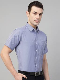 Hancock - Men Blue and White Stripe Cotton Slim Fit Formal Shirt