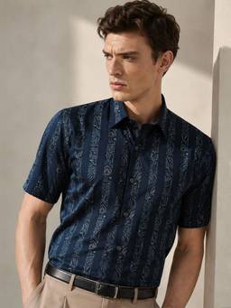 Hancock - Men Navy Blue Print Spread Collar Slim Fit Formal Shirt
