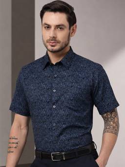 Hancock - Men Navy Blue Print Spread Collar Slim Fit Formal Shirt