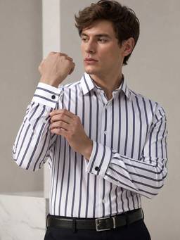 Hancock - Men White and Navy Blue Stripe Spread Collar Slim Fit Formal Shirt