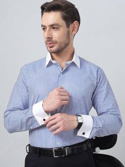 Hancock - Men White and Blue Stripe Spread Collar Slim Fit Formal Shirt