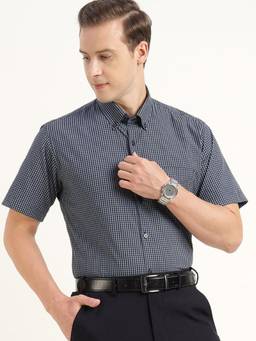 Hancock - Men Blue and Navy Checked Pure Cotton Slim Fit Formal Shirt